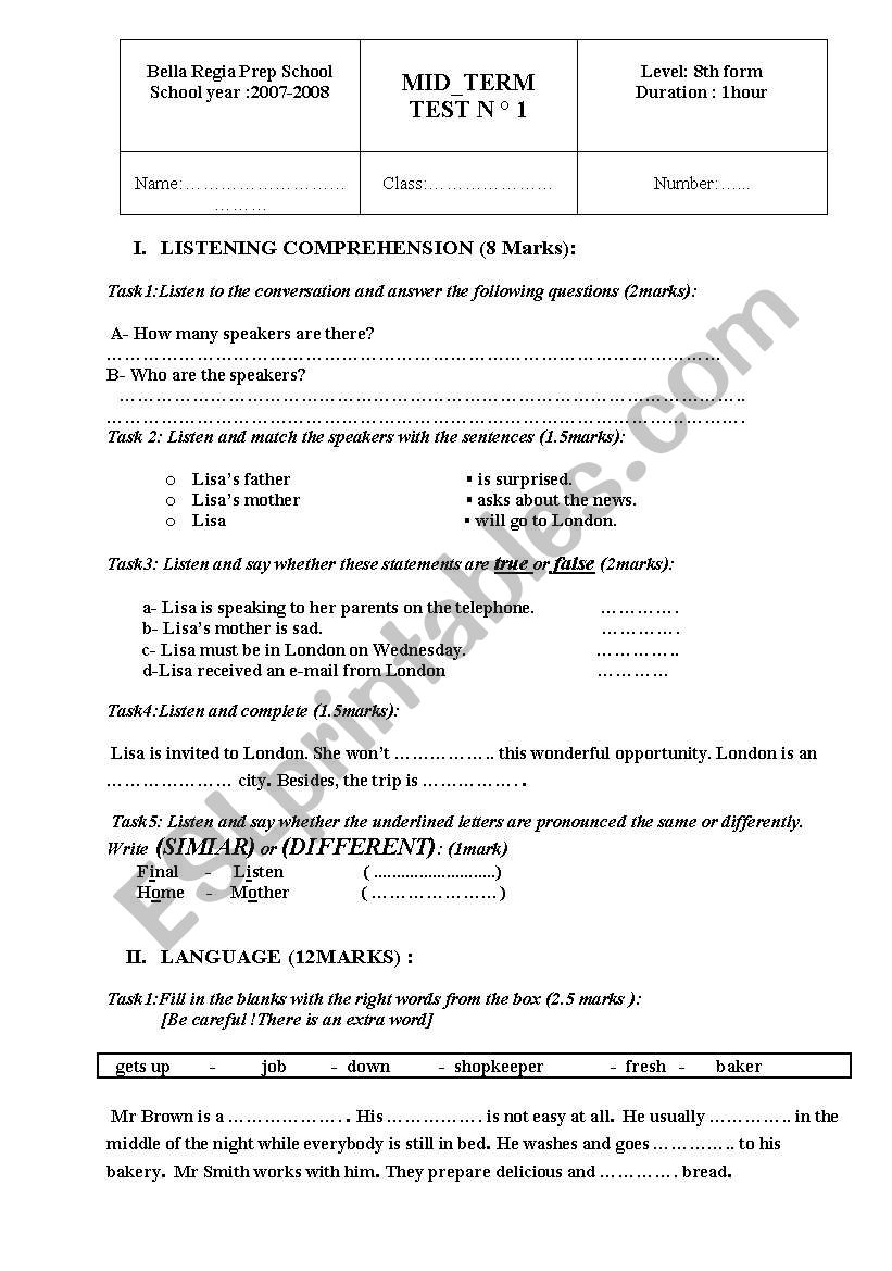 mid term test 1 8th worksheet