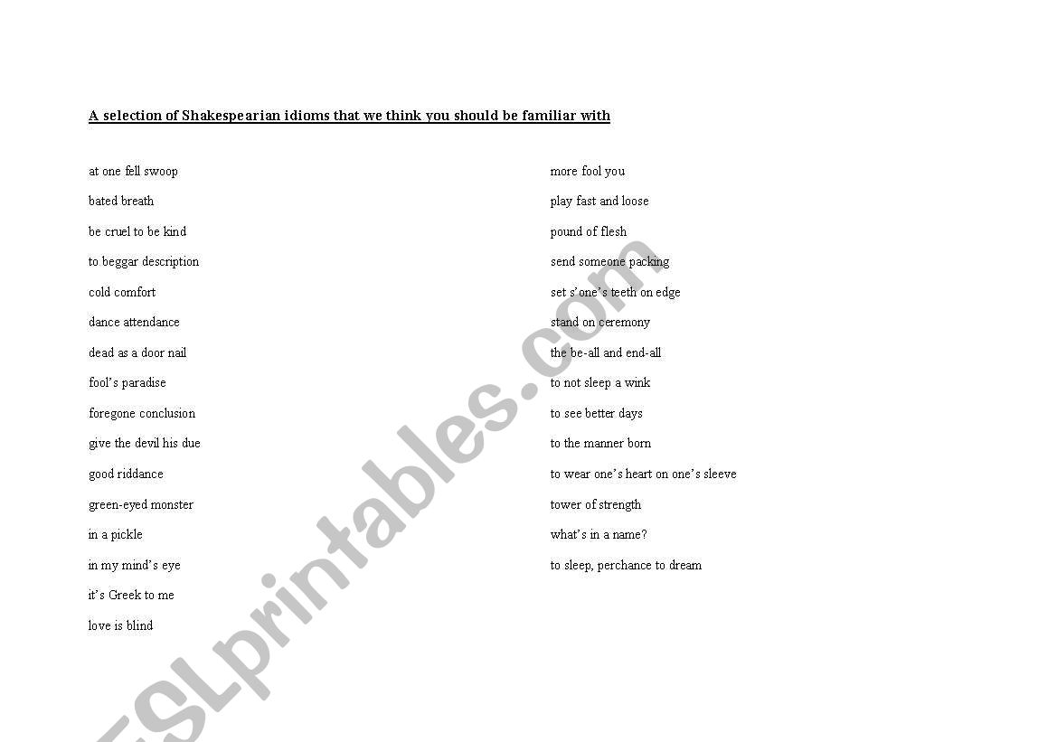 Shakesperian Idioms worksheet