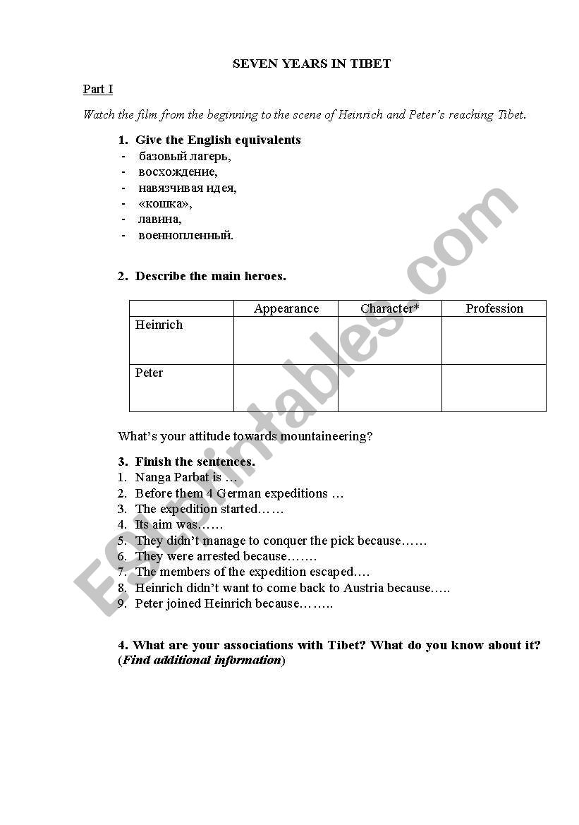 7 Years in Tibet  worksheet