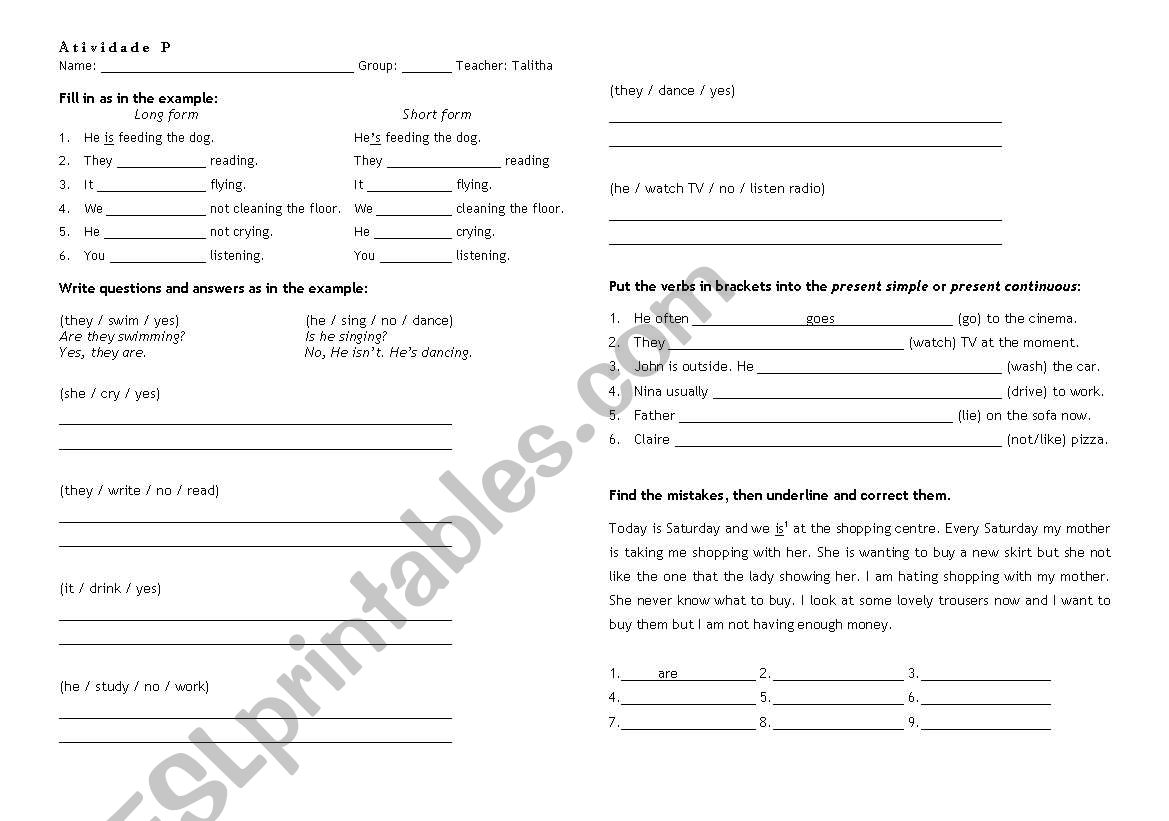 Present continous worksheet