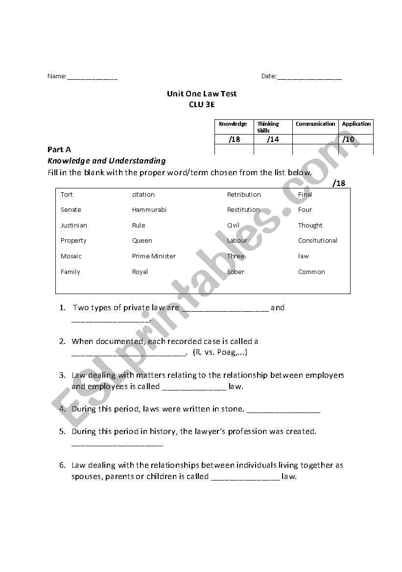 Law test worksheet