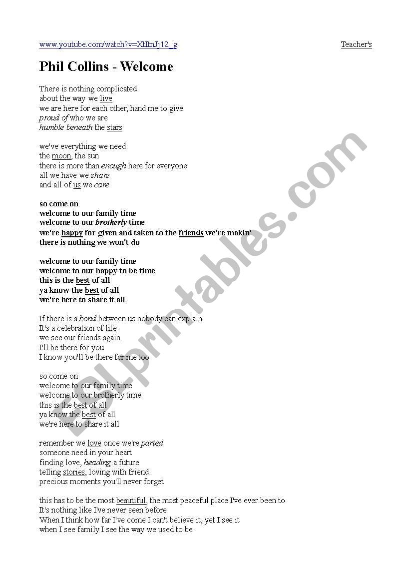 Welcome (by Phil Collins) worksheet