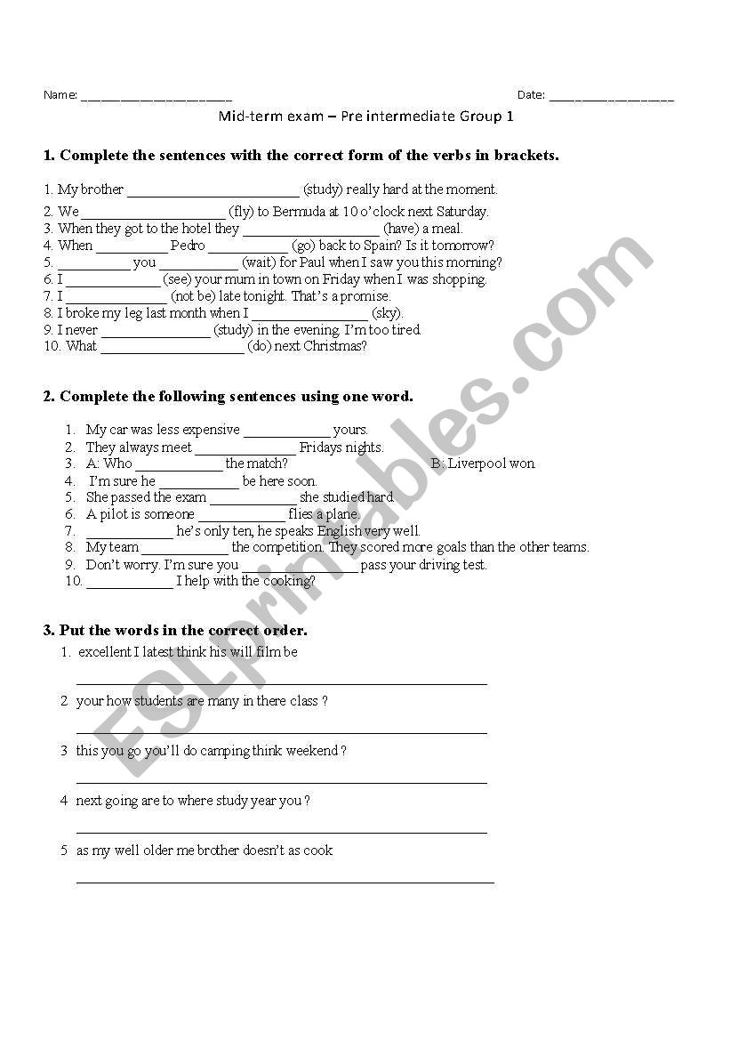 Pre intermediate exam worksheet