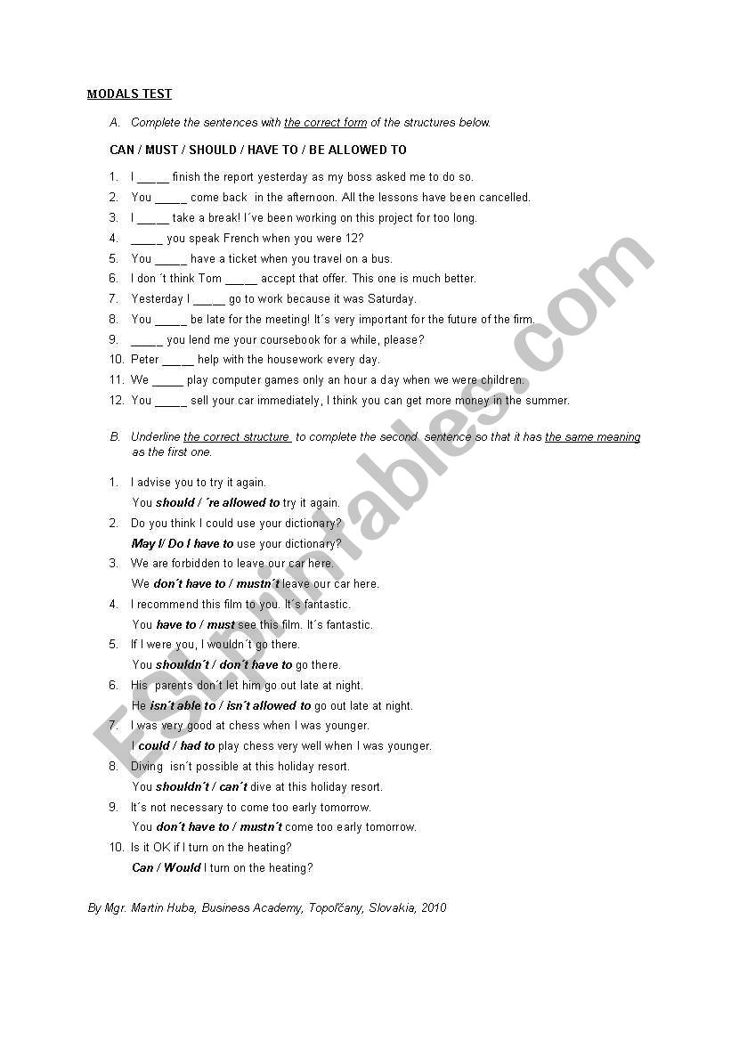 Modals worksheet