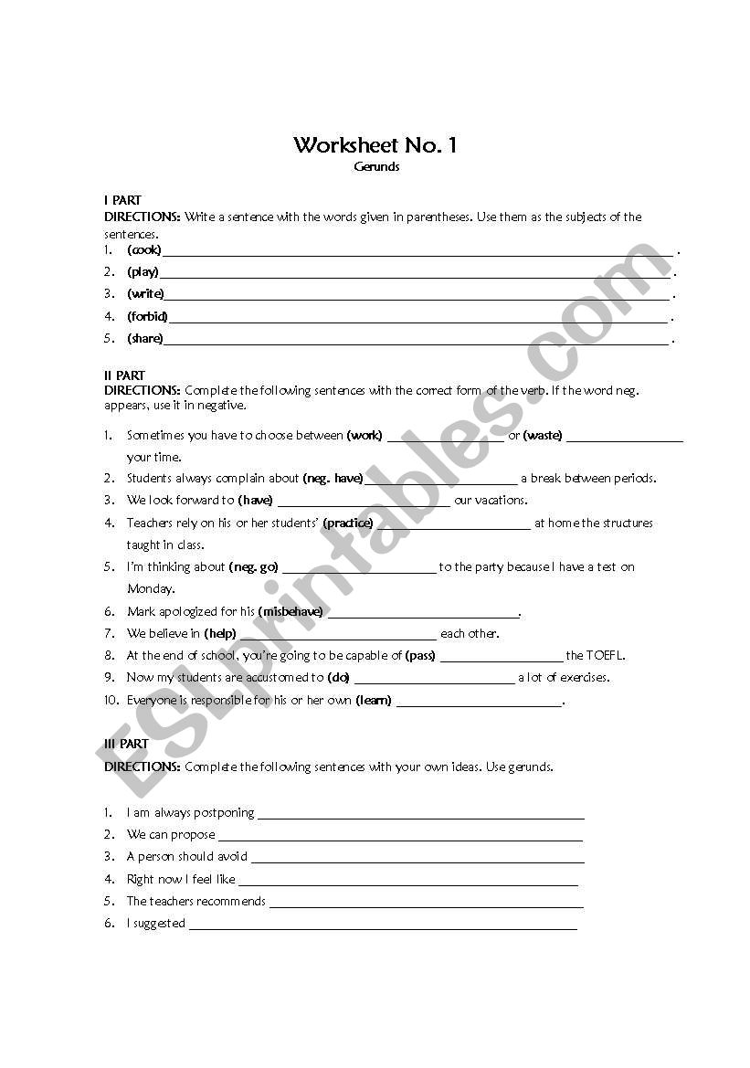 gerunds  worksheet