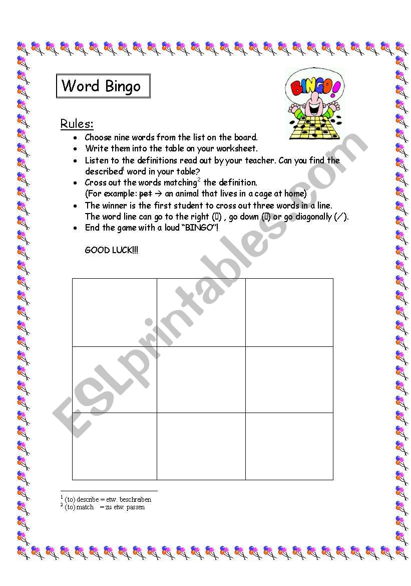 Word Bingo worksheet