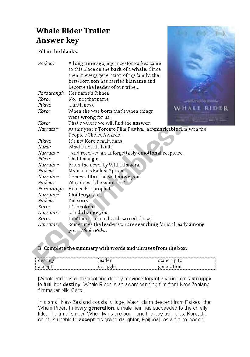 Whale Rider Trailer And Summary Esl Worksheet By Chrissmolder