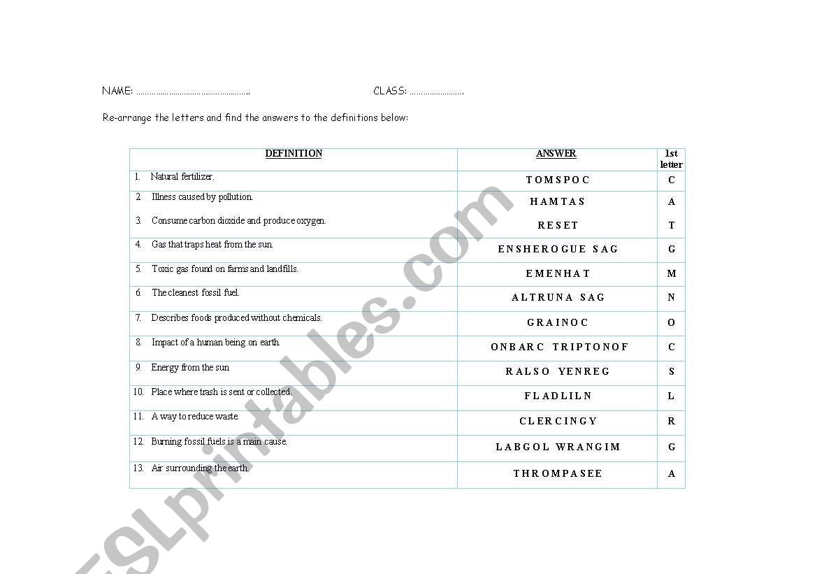 jumble words exercise (enviroment)