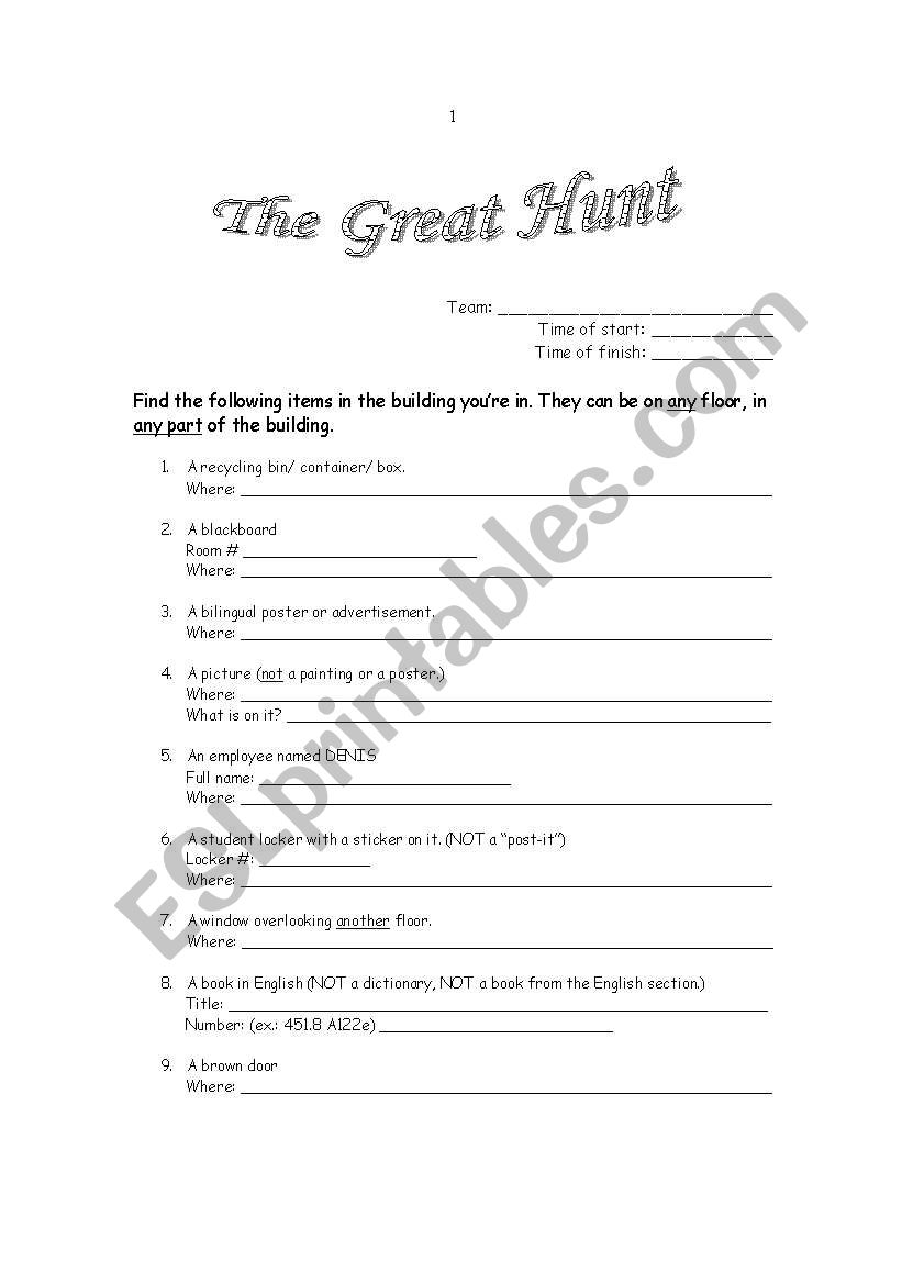 The Great Hunt worksheet