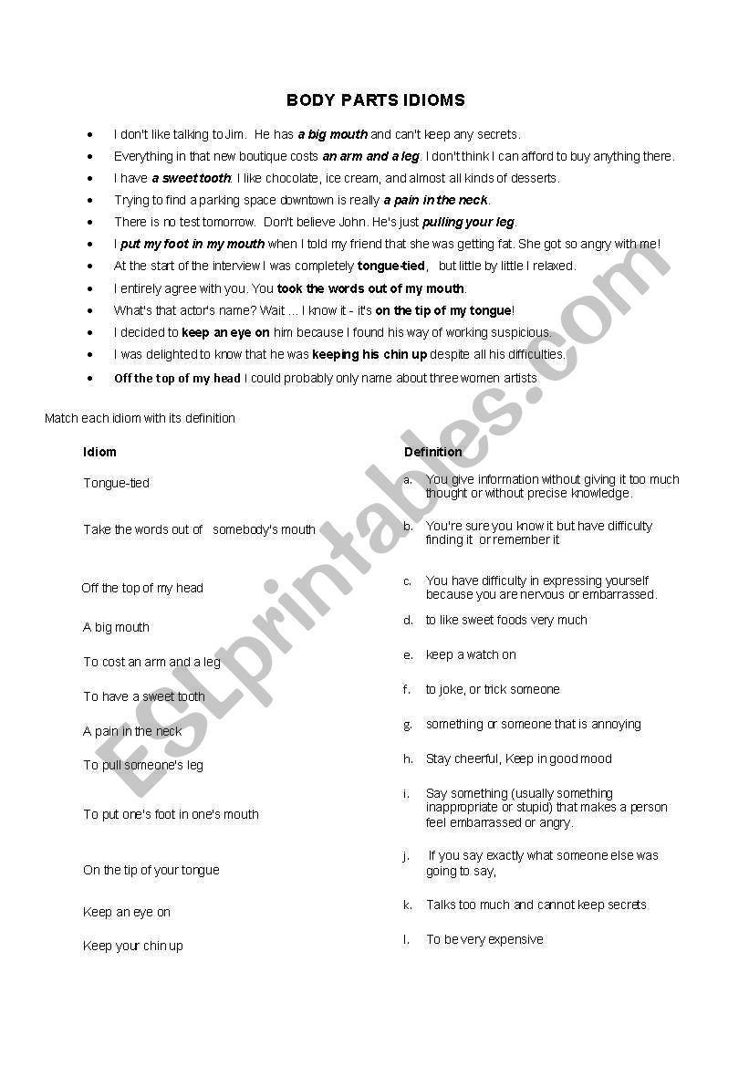 BODY PARTS IDIOMS worksheet