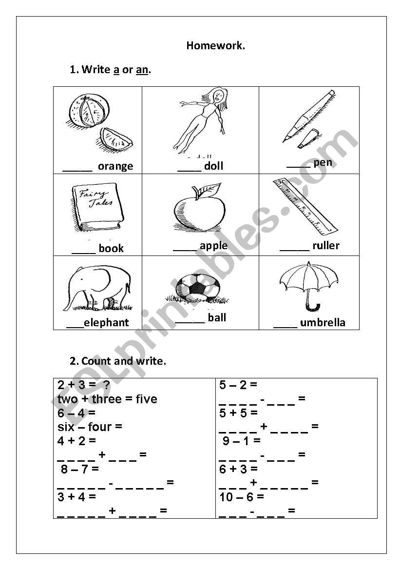 A/an, numbers 1-10 worksheet