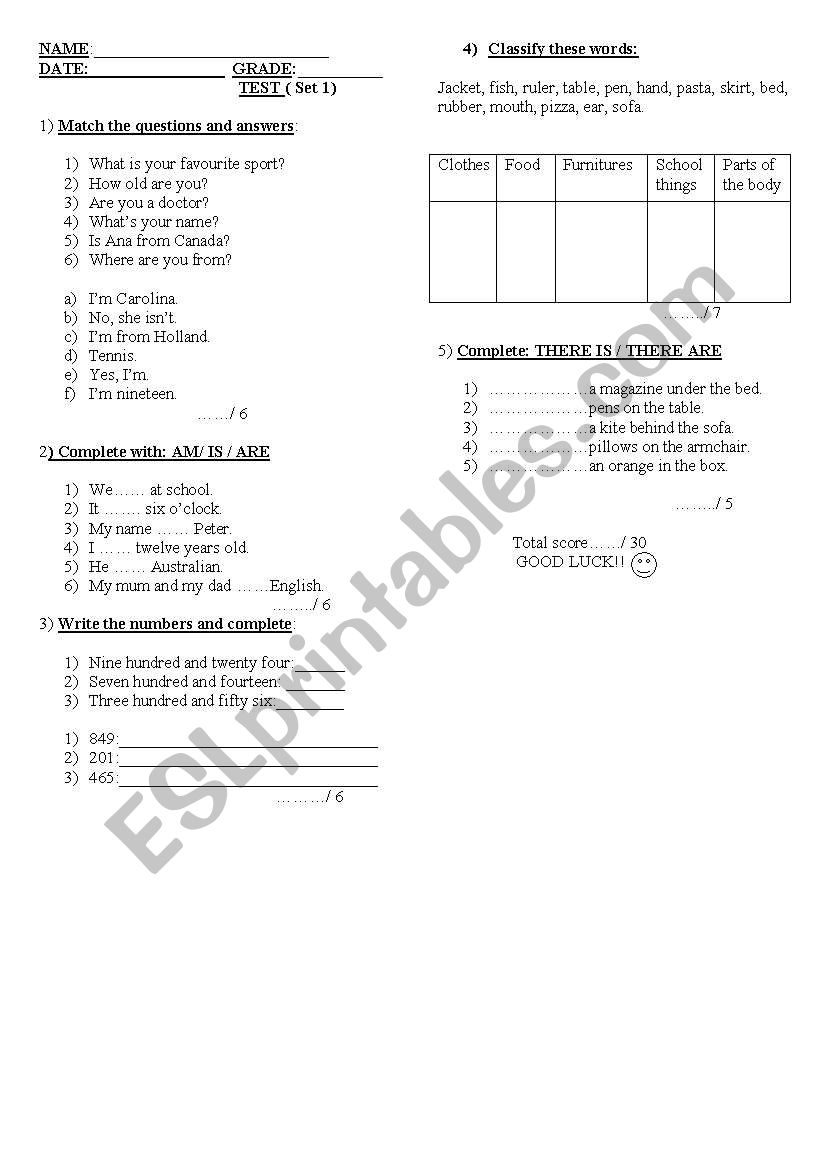 test about verb to be and vocabulary