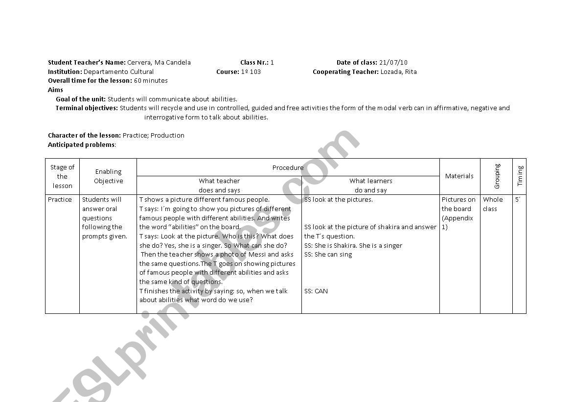 Abilities CAN worksheet