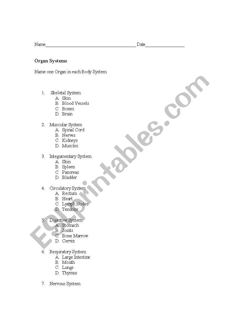 Organ Systems Test worksheet