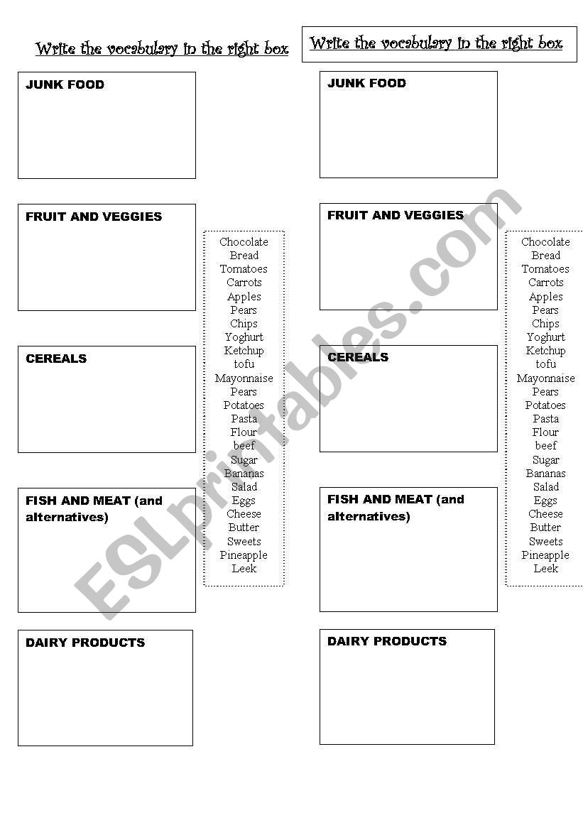 Food, write in the right box worksheet