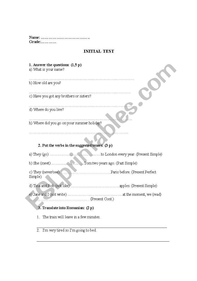 initial test worksheet