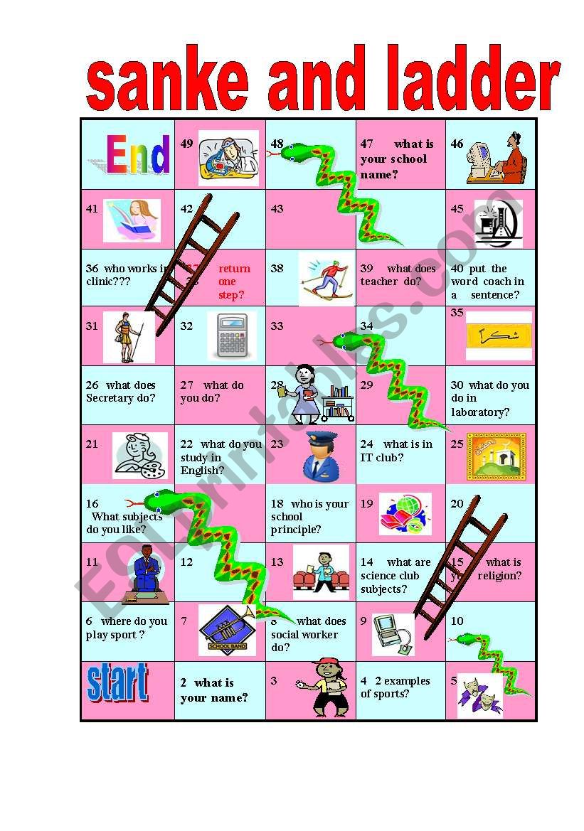 school subject, places, and jobs in snake ladder - ESL worksheet ...