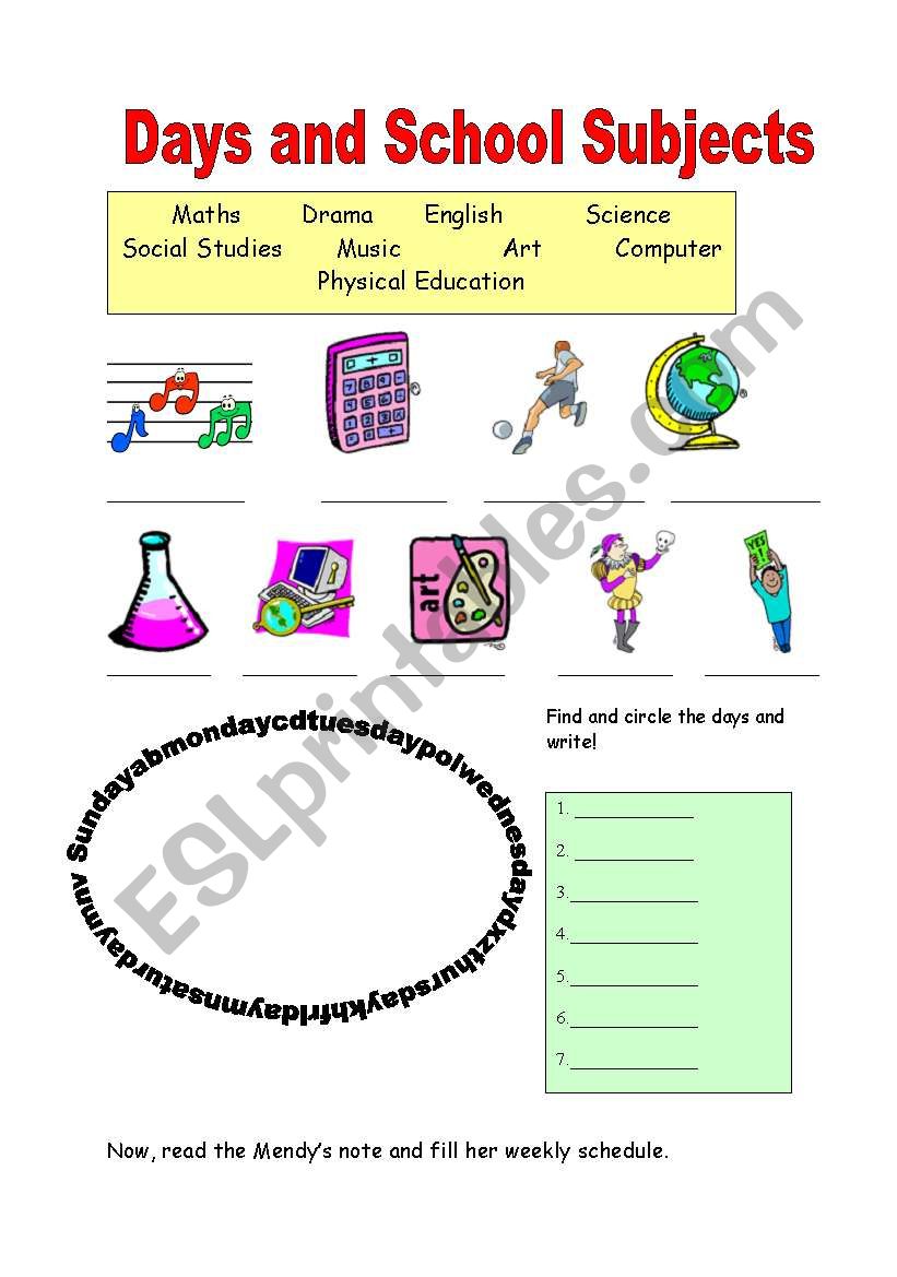 days and School Subjects worksheet