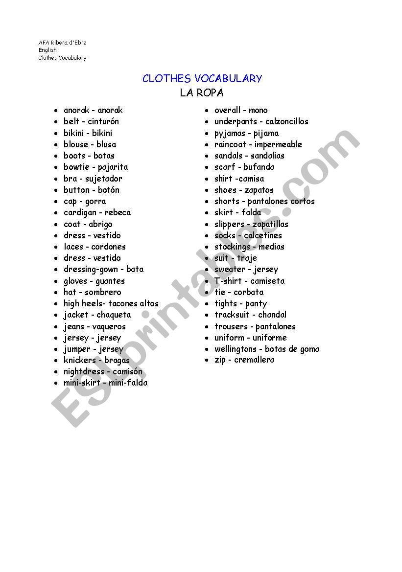 Clothes  Vocabulary worksheet