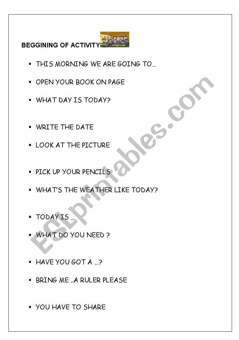 beginning the activity worksheet