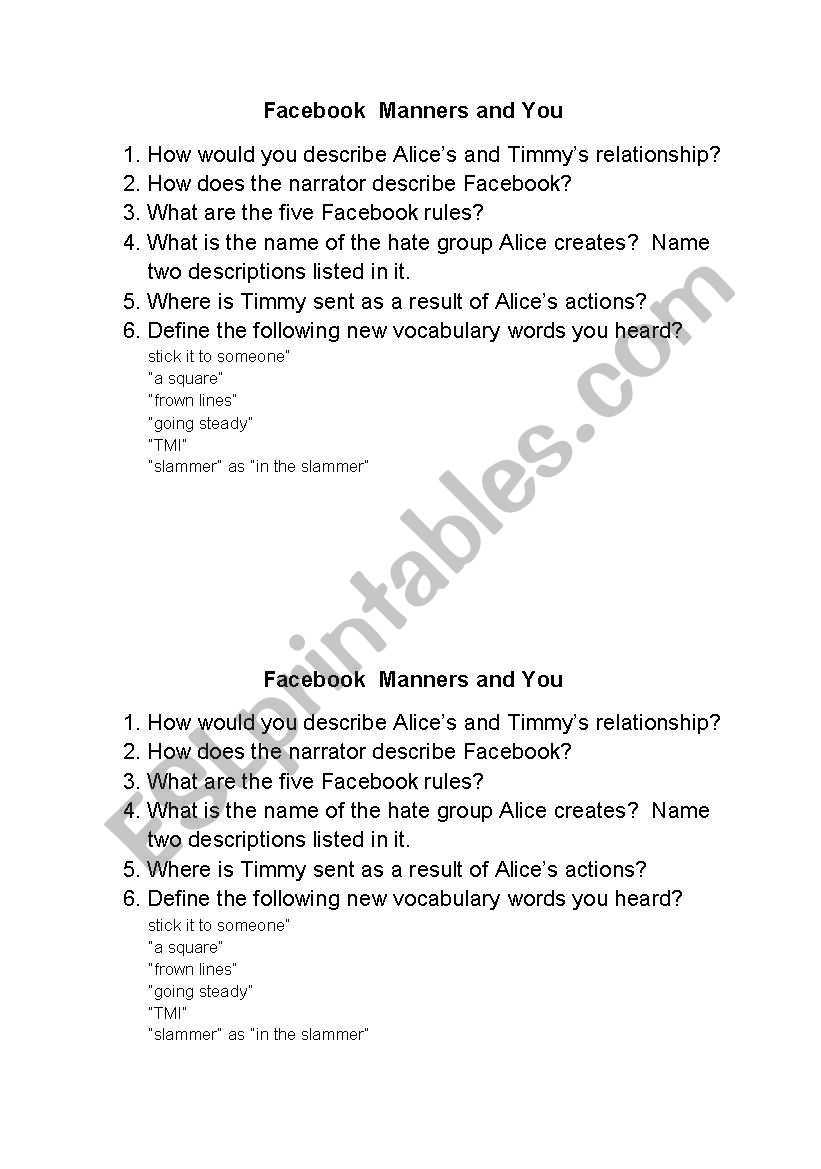 Facebook Manners and You worksheet