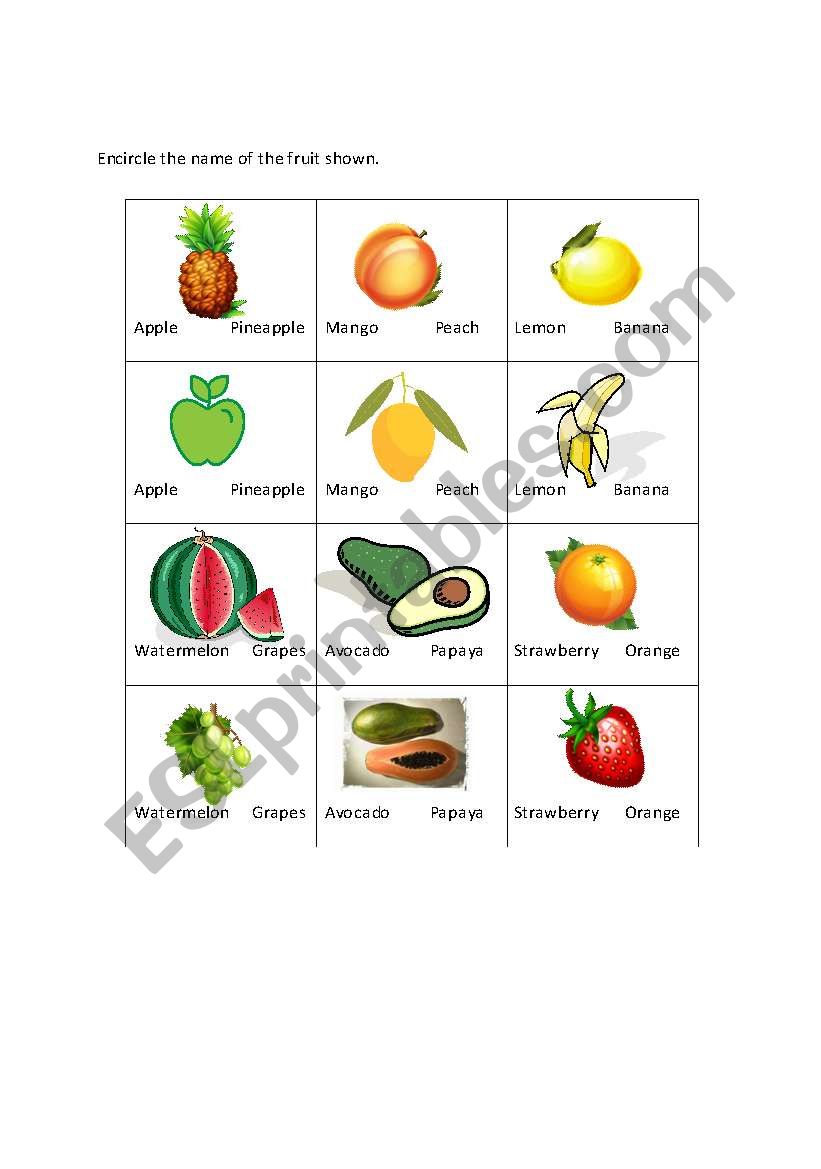 Name the fruit worksheet