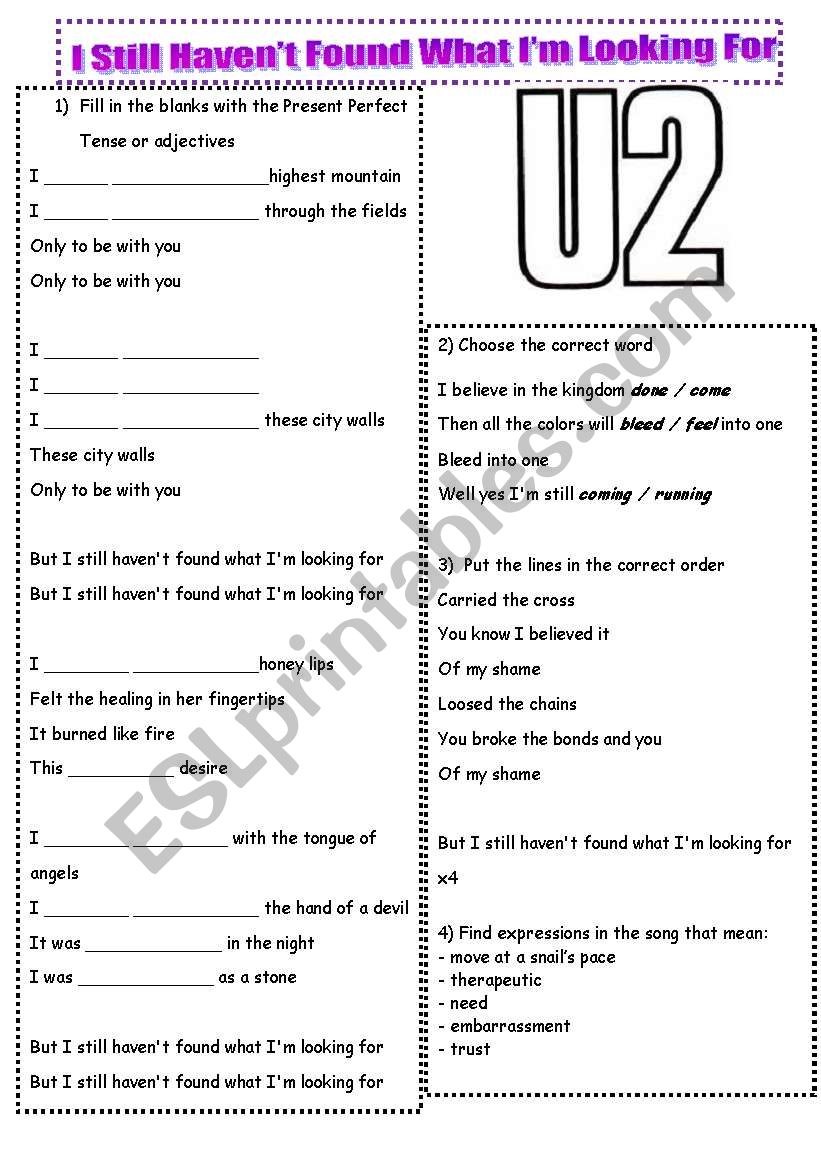 U2 I Still Haven T Found What I M Looking For Esl Worksheet By Canarg