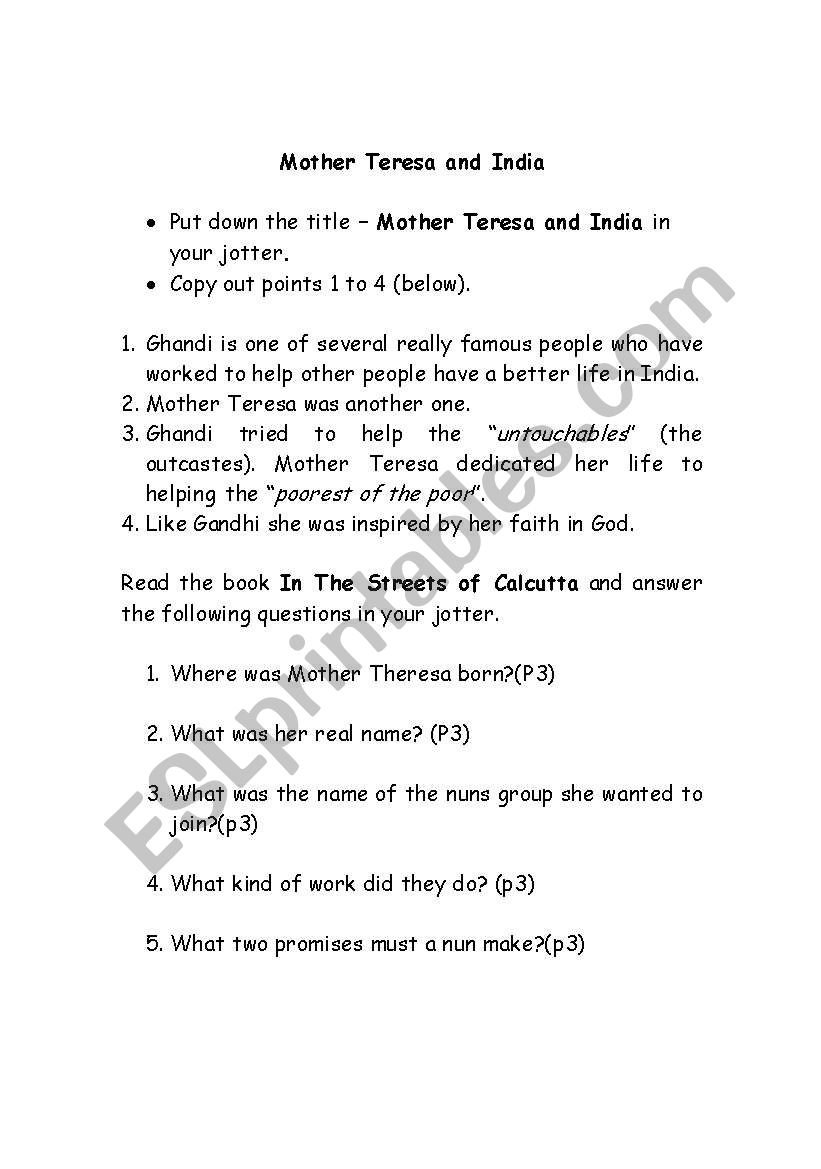 Mother Theresa worksheet