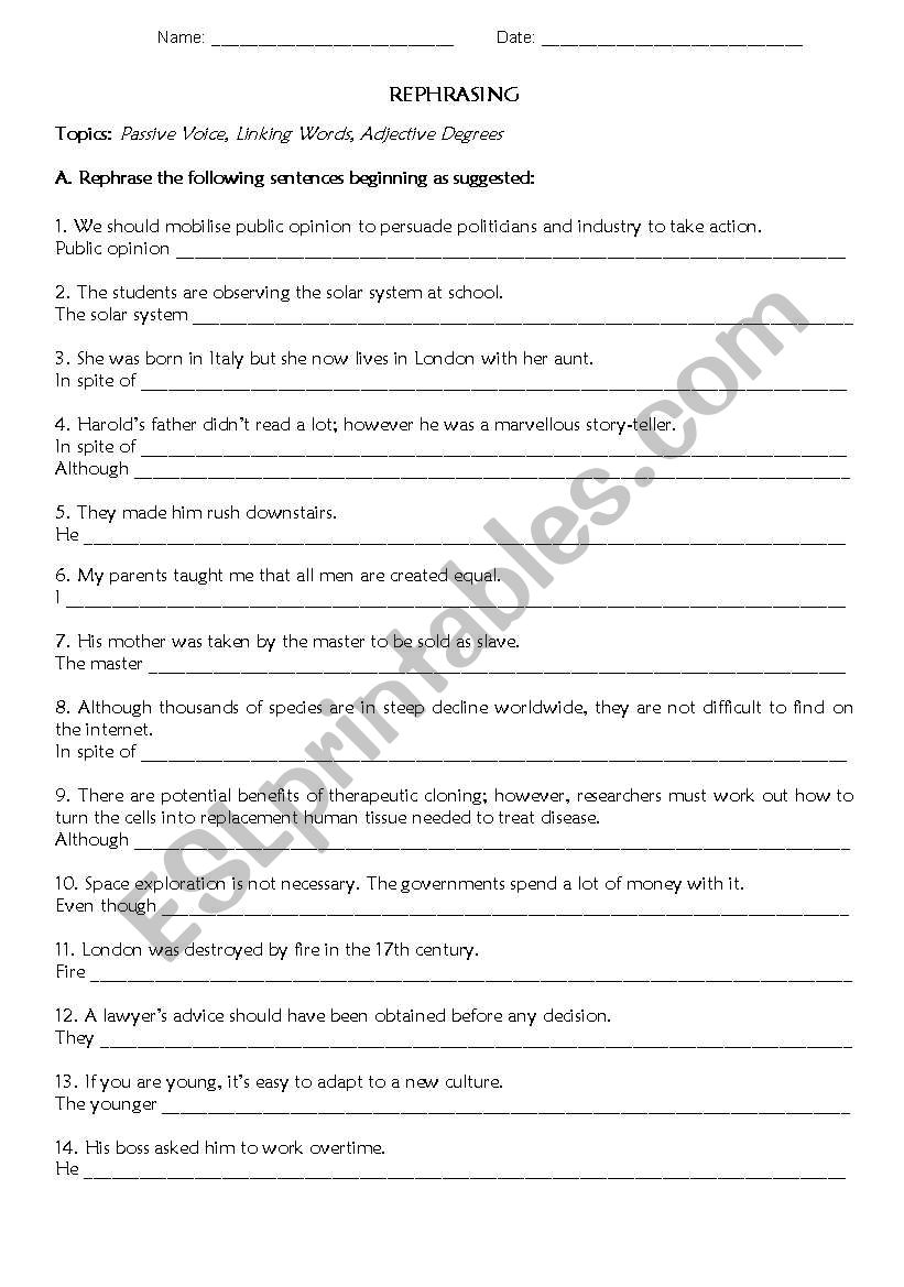 Rephrasing exercises worksheet