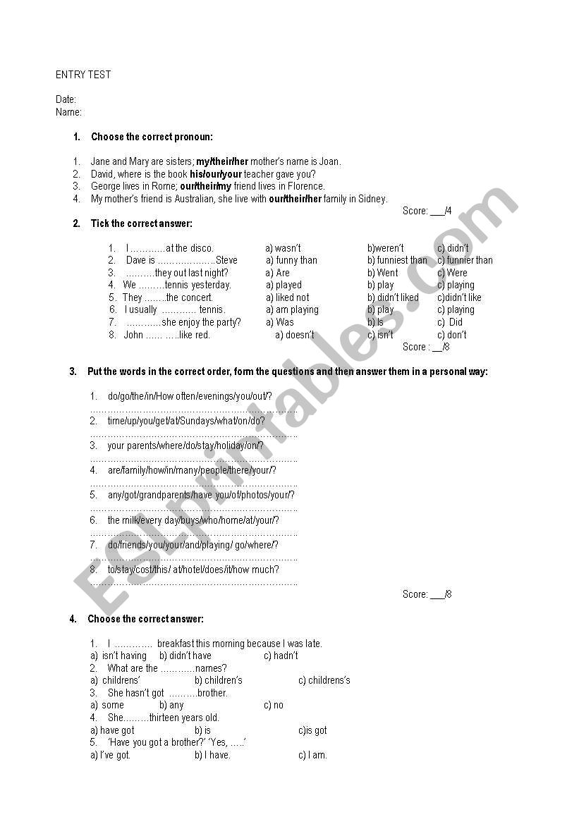 entry test worksheet