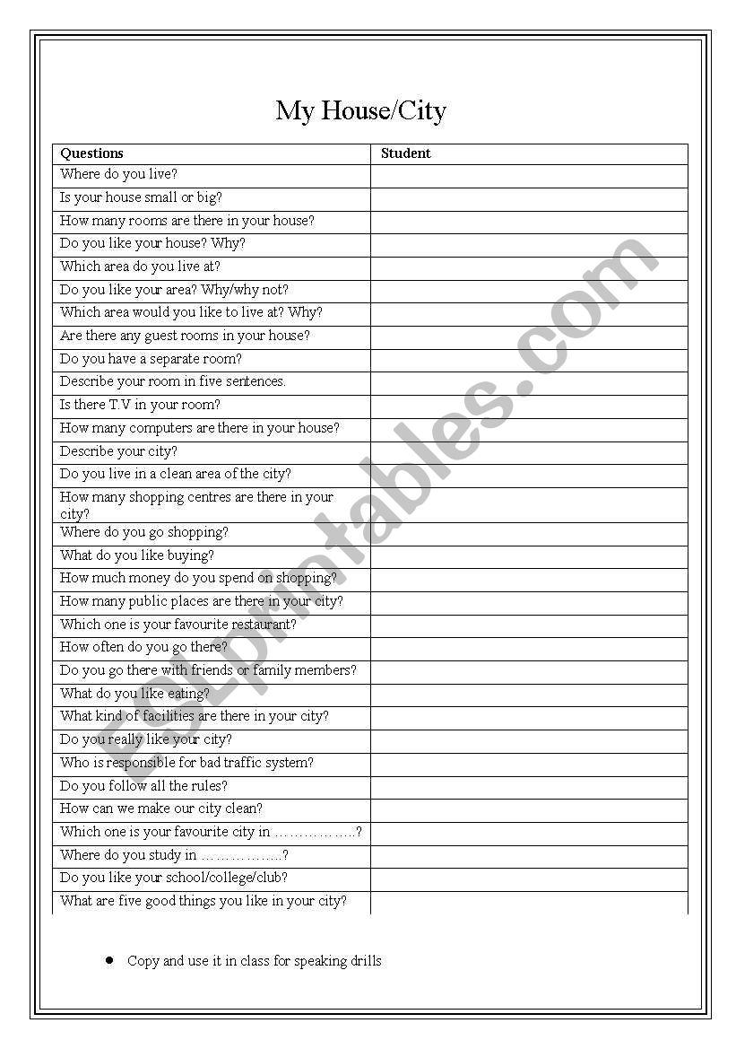 House and City worksheet