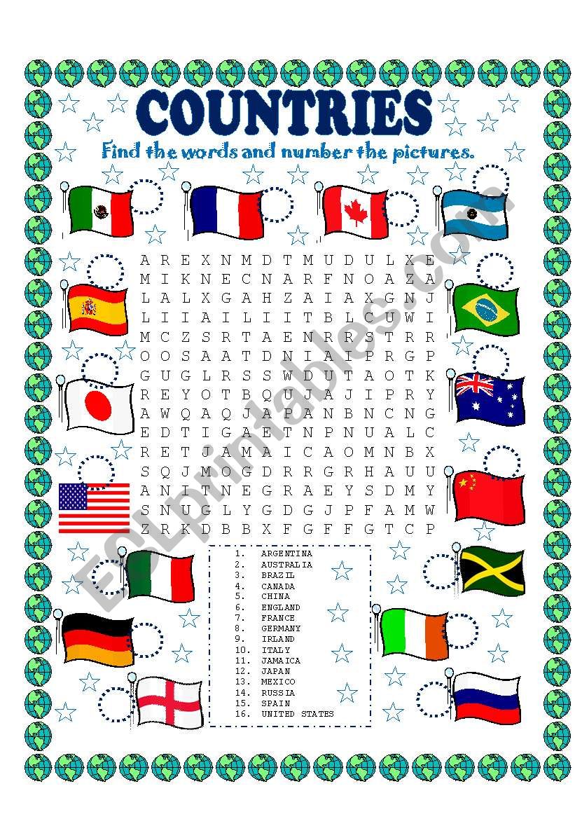 word search countries and number the pictures esl worksheet by lupiscasu