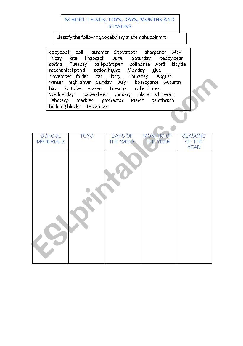  Vocabulary Classification  worksheet