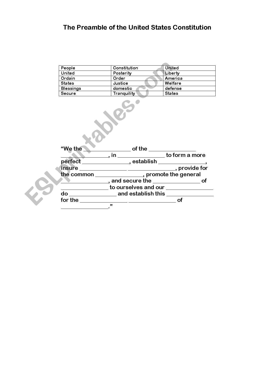 Preamble to the Constitution worksheet