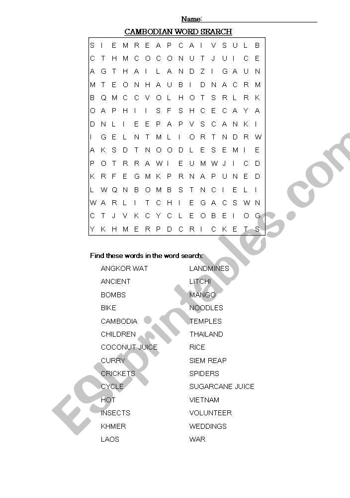 Cambodia Word search worksheet