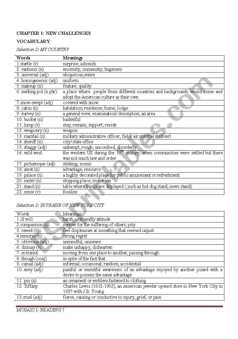 Reading vocabulary worksheet