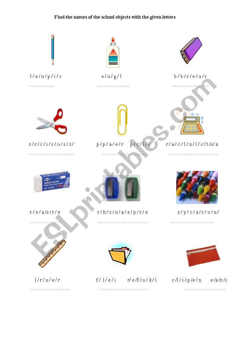 school objects worksheet