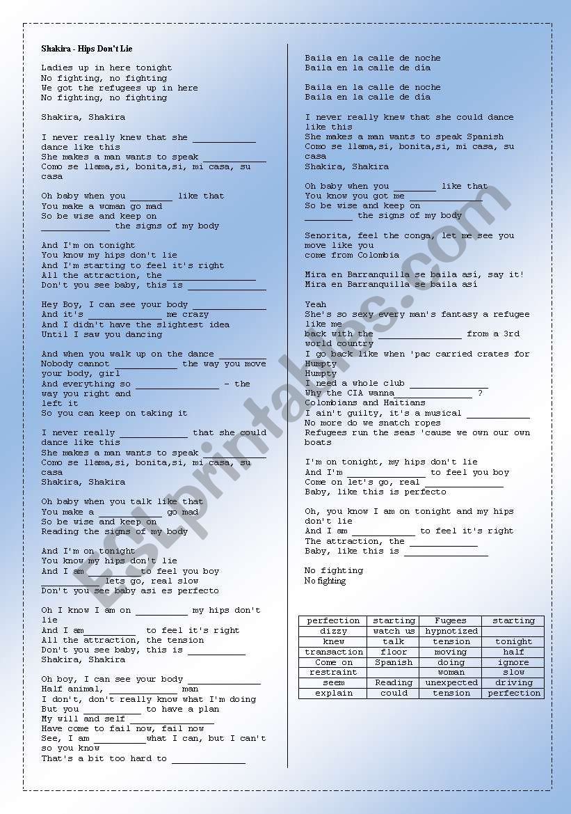 Song Shakira Hips Don T Lie Esl Worksheet By Lwymax - hips don't lie roblox id full