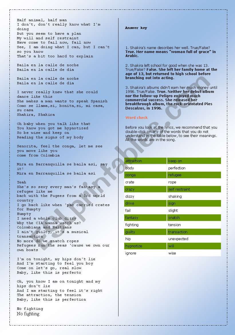 Song Shakira Hips Don T Lie Esl Worksheet By Lwymax - hips don't lie roblox id code