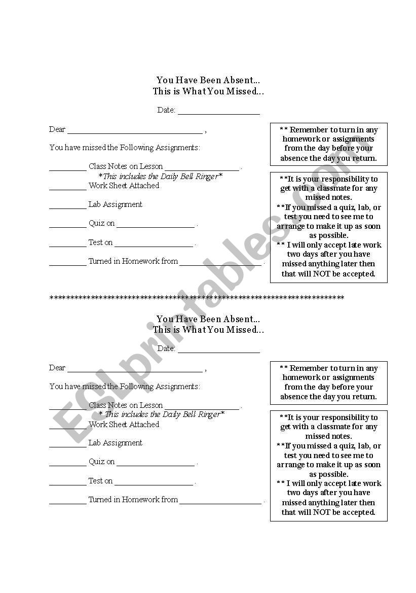 Make Up Work Slips  worksheet