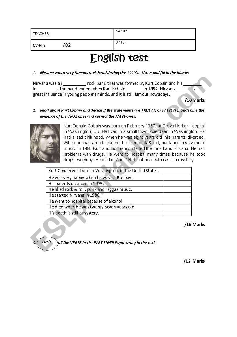 written test - past simple - kurt cobain