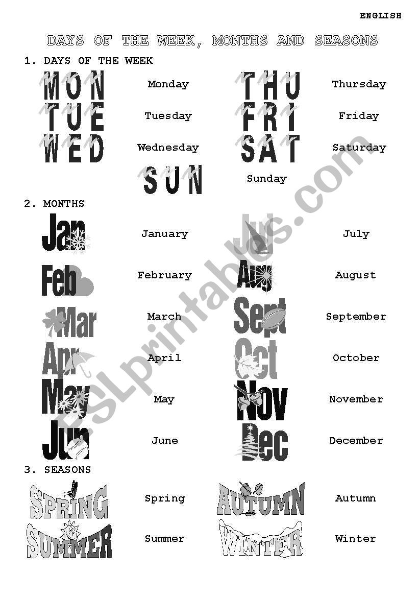 Days, months and seasons worksheet