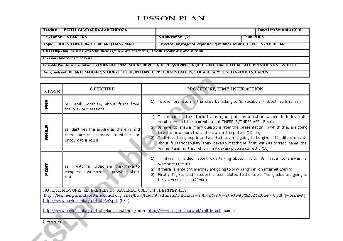FRUITS LESSON PLAN - ESL worksheet by edithazul