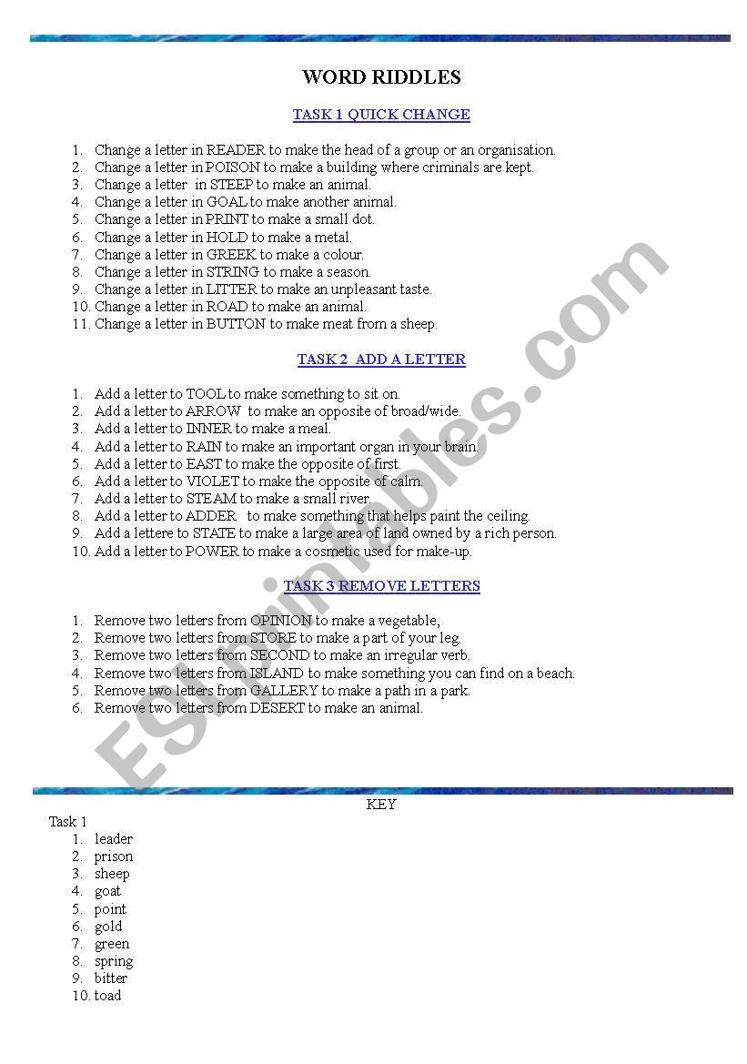 Word games and riddles  worksheet