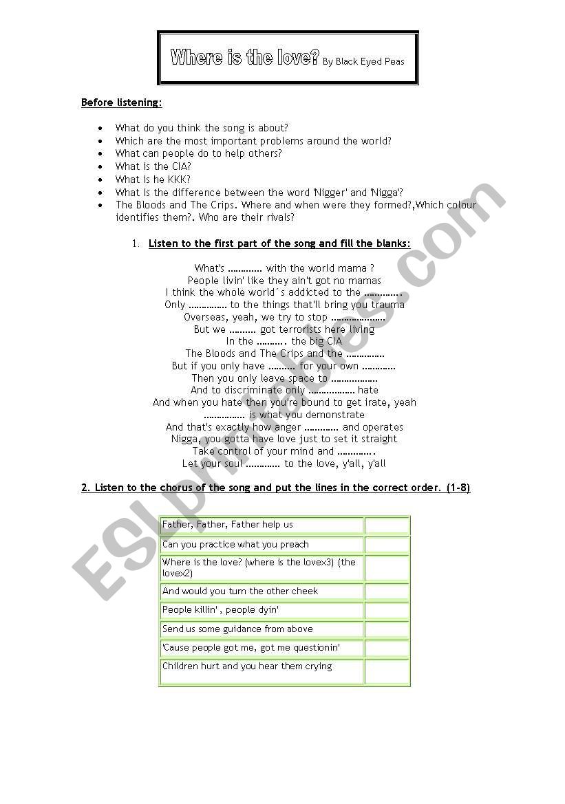 Song WHERE IS THE LOVE? worksheet