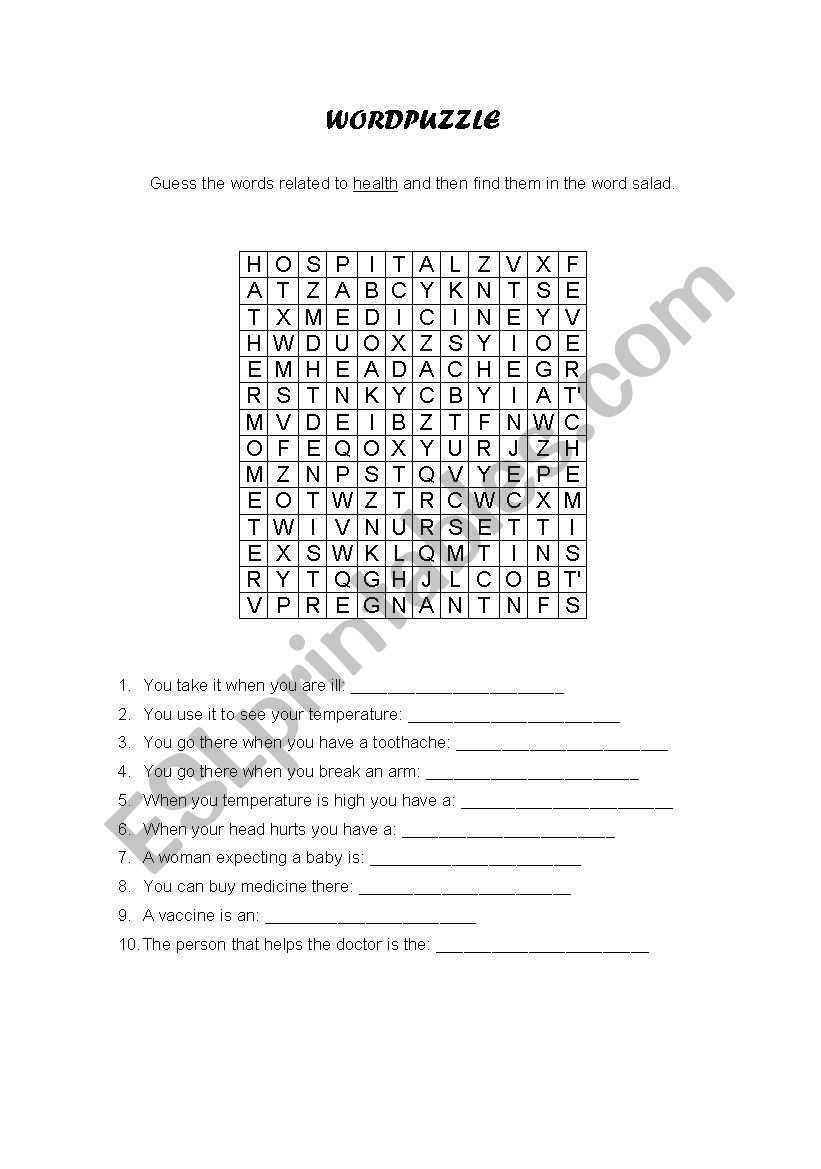 Health word salad worksheet