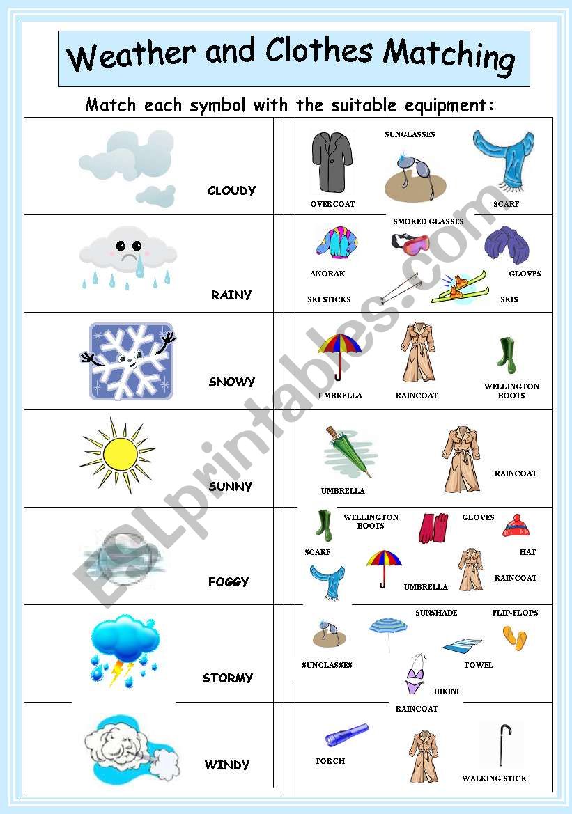 Weather and clothes matching ESL worksheet by coyote chus