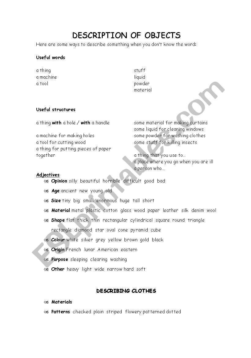 Description of objects worksheet