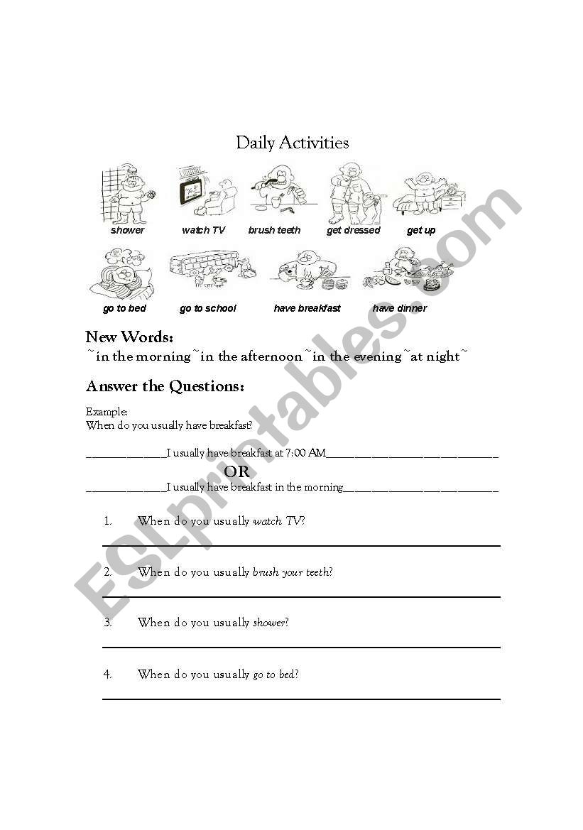 Daily activities worksheet