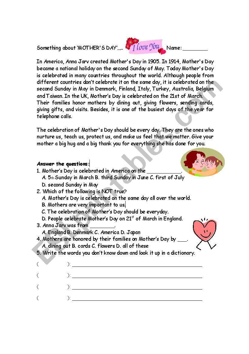 Something about Mother´s Day - ESL worksheet by debbyyssel